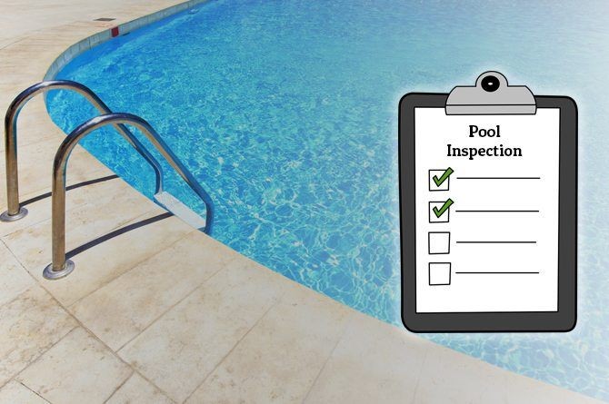 Swimming pool with a metal ladder and a pool inspection checklist on a clipboard showing completed items.